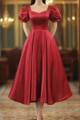 Wine Red Satin Bridesmaid Dresses Party Dresses, Tea Length Evening Prom Dresses